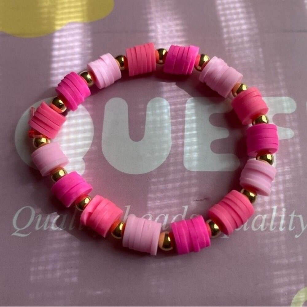 Handmade Customized Heishi Polymer Pink Clay Bead Pearl Stretchy Name Bracelet